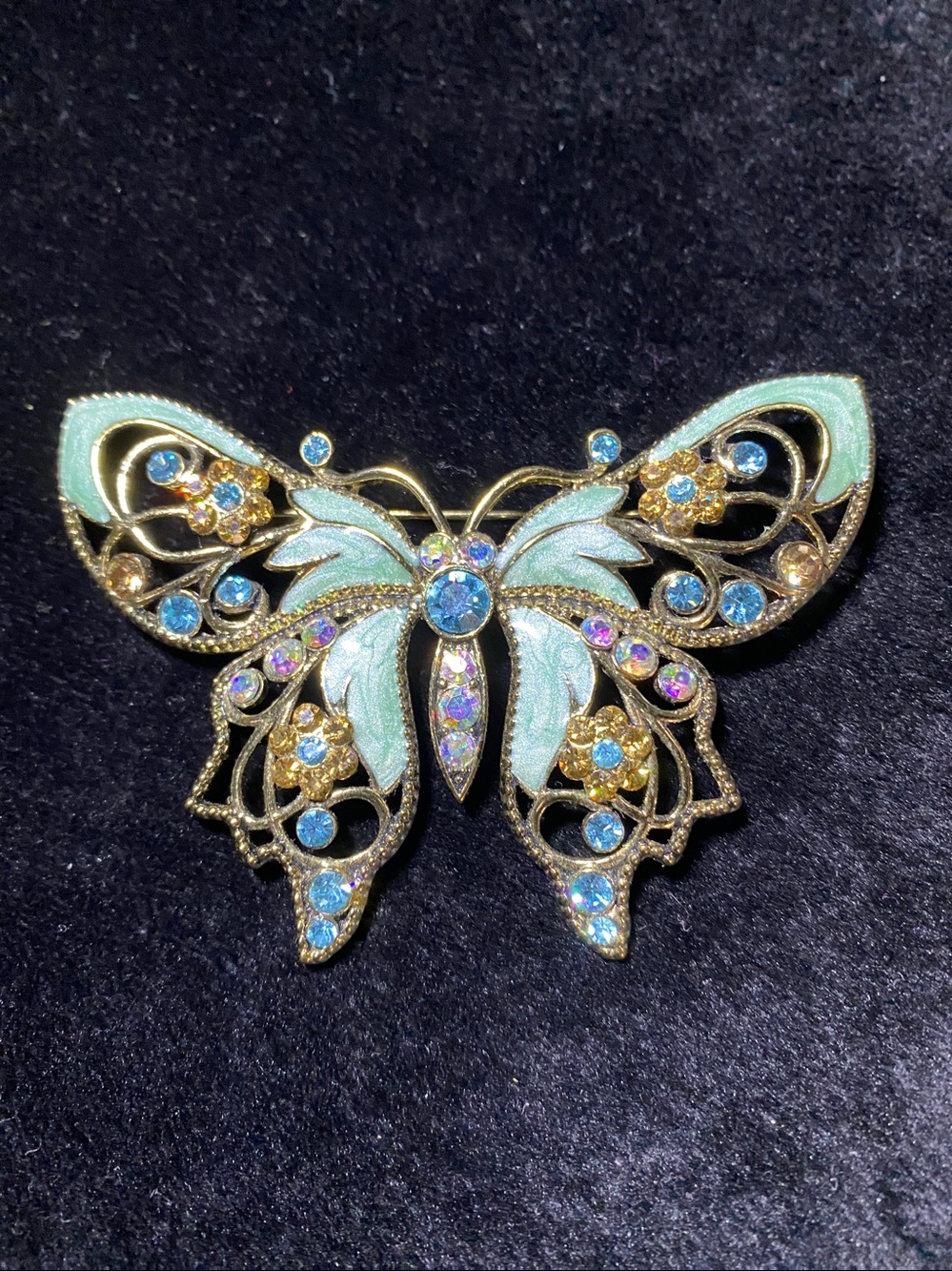 Vintage 80s Avon butterfly enamel rhinestone, filigree, butterfly brooch